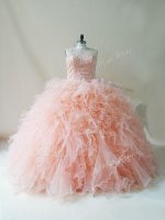 Decent Peach Ball Gowns Tulle Scoop Sleeveless Beading and Ruffles Floor Length Lace Up Sweet 16 Dress(SKU PSSW0821BIZ)
