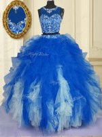 Scoop Blue And White Zipper Quinceanera Gown Beading and Ruffles Sleeveless Floor Length