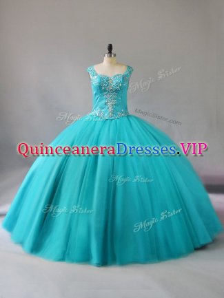Chic Straps Sleeveless 15 Quinceanera Dress Floor Length Beading Aqua Blue Tulle