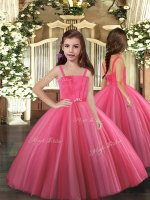 Hot Pink Ball Gowns Tulle Straps Sleeveless Beading Floor Length Lace Up Little Girl Pageant Dress