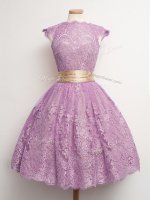 Flare Lilac Ball Gowns Lace High-neck Cap Sleeves Belt Knee Length Lace Up Quinceanera Court of Honor Dress(SKU SWBD141-2BIZ)