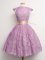 Flare Lilac Ball Gowns Lace High-neck Cap Sleeves Belt Knee Length Lace Up Quinceanera Court of Honor Dress