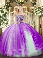 Lavender Strapless Lace Up Beading and Ruffles Quinceanera Dresses Sleeveless