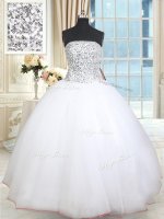 Sequins Ball Gowns Quince Ball Gowns White Strapless Tulle Sleeveless Floor Length Lace Up