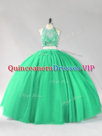 Tulle Halter Top Sleeveless Backless Beading 15th Birthday Dress in Turquoise
