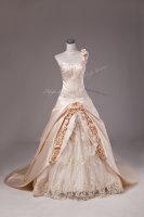Sexy One Shoulder Sleeveless Brush Train Lace Up Quinceanera Dress Champagne Satin
