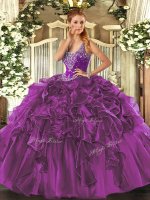 Eggplant Purple Sleeveless Beading and Ruffles Floor Length Sweet 16 Quinceanera Dress