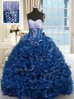 Sweet Sweetheart Sleeveless Brush Train Lace Up Quinceanera Gowns Navy Blue Organza
