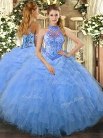 Pretty Baby Blue Ball Gowns Beading and Ruffles 15 Quinceanera Dress Lace Up Organza Sleeveless Floor Length