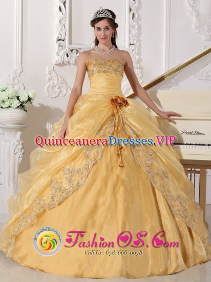 Hialeah Florida/FL Embroidery with Beading Decorate Organza Popular Gold Quinceanera Dress with hand made flower - Click Image to Close