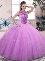Modest Scoop Sleeveless Quince Ball Gowns Floor Length Beading Lilac Tulle