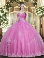 Excellent Rose Pink Sleeveless Tulle Lace Up 15 Quinceanera Dress for Military Ball and Sweet 16 and Quinceanera