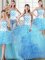 Eye-catching Four Piece Light Blue Quince Ball Gowns Military Ball and Sweet 16 and Quinceanera with Beading and Appliques and Ruffles Strapless Sleeveless Lace Up