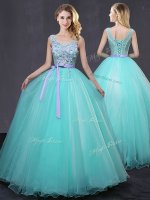 Gorgeous Scoop Floor Length Lace Up Quinceanera Dresses Aqua Blue for Military Ball and Sweet 16 and Quinceanera with Appliques and Belt