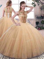 Exquisite Gold Tulle Lace Up Scoop Sleeveless Floor Length Quinceanera Dress Beading(SKU YSQD079BIZ)