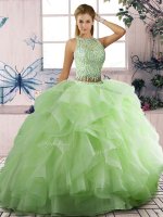 Spectacular Two Pieces Vestidos de Quinceanera Yellow Green Scoop Tulle Sleeveless Floor Length Lace Up(SKU SJQDDT2070002-1BIZ)
