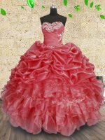 Coral Red Sweetheart Lace Up Beading and Appliques and Ruffles and Ruching Ball Gown Prom Dress Sleeveless