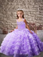 Dramatic Lavender Straps Lace Up Beading and Ruffled Layers Pageant Gowns For Girls Brush Train Sleeveless