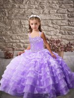 Dramatic Lavender Straps Lace Up Beading and Ruffled Layers Pageant Gowns For Girls Brush Train Sleeveless(SKU PAG1186-11BIZ)