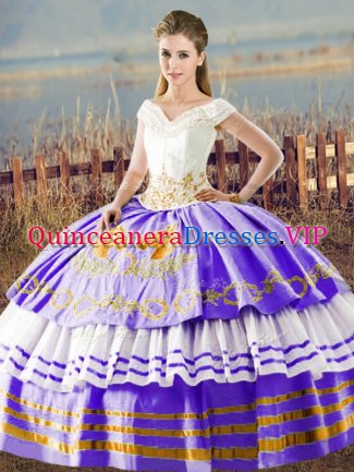 White And Purple Sleeveless Floor Length Embroidery and Ruffled Layers Lace Up Ball Gown Prom Dress