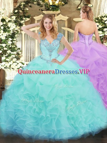 Floor Length Lace Up Vestidos de Quinceanera Aqua Blue for Military Ball and Sweet 16 and Quinceanera with Ruffles - Click Image to Close