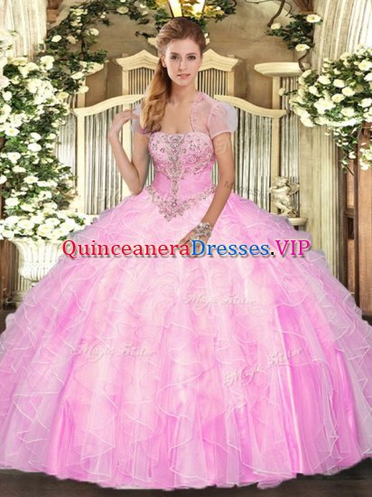 Discount Strapless Sleeveless Sweet 16 Dress Floor Length Appliques and Ruffles Rose Pink Tulle - Click Image to Close