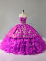 Purple Lace Up Quinceanera Gowns Embroidery and Ruffles Sleeveless Floor Length