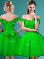 Customized A-line Off The Shoulder Cap Sleeves Tulle Knee Length Lace Up Lace and Belt Dama Dress for Quinceanera