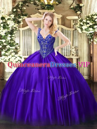 Purple Ball Gowns Satin V-neck Sleeveless Beading Floor Length Lace Up Quinceanera Dress