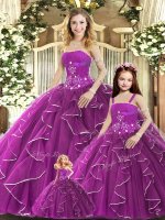 Luxury Strapless Sleeveless Sweet 16 Dresses Floor Length Beading and Ruffles Purple Tulle