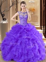 Great Purple Lace Up Scoop Beading and Ruffles 15 Quinceanera Dress Organza Sleeveless