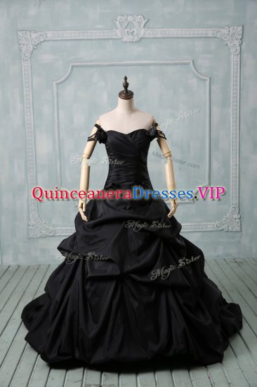 Pretty Black Sleeveless Pick Ups and Hand Made Flower Lace Up Ball Gown Prom Dress - Click Image to Close