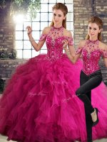 Graceful Floor Length Fuchsia Sweet 16 Dresses Tulle Sleeveless Beading and Ruffles(SKU SJQDDT2115009BIZ)