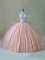 Luxury Peach Ball Gowns Tulle Halter Top Sleeveless Beading and Lace Floor Length Lace Up Sweet 16 Dress