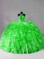 Fancy Brush Train Ball Gowns Quinceanera Gowns Halter Top Organza Sleeveless Lace Up