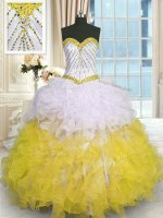 Floor Length Lace Up 15 Quinceanera Dress Yellow And White for Military Ball and Sweet 16 and Quinceanera with Beading and Ruffles