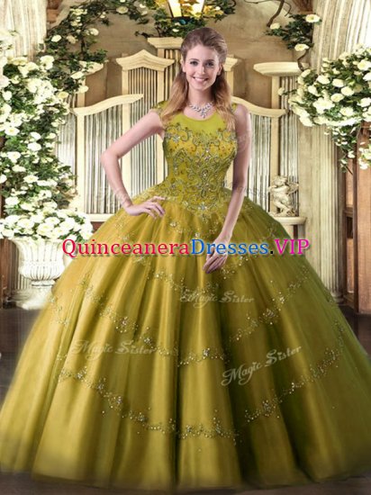 Shining Floor Length Zipper Ball Gown Prom Dress Olive Green for Military Ball and Sweet 16 and Quinceanera with Appliques - Click Image to Close