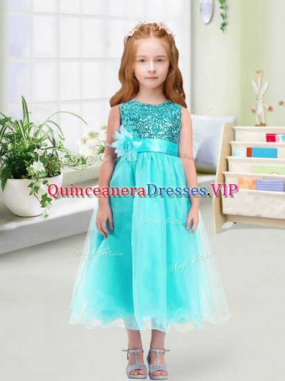 Tea Length Aqua Blue Pageant Gowns For Girls Scoop Sleeveless Zipper - Click Image to Close