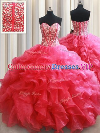 Sumptuous Coral Red 15th Birthday Dress Military Ball and Sweet 16 and Quinceanera with Beading and Ruffles Sweetheart Sleeveless Lace Up