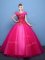 Fashion Scoop Short Sleeves Tulle Floor Length Lace Up Sweet 16 Quinceanera Dress in Hot Pink with Appliques