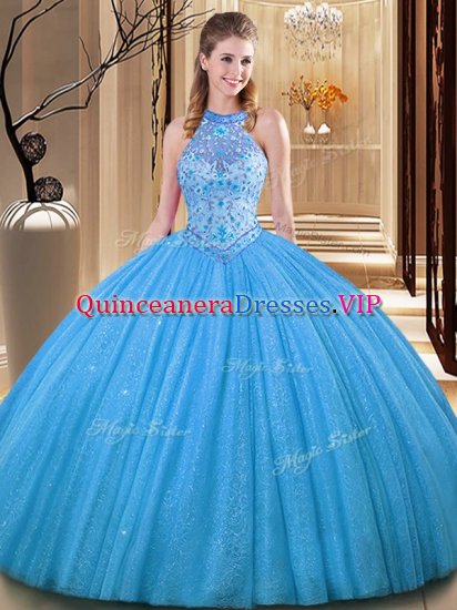 Inexpensive Baby Blue Ball Gowns Tulle High-neck Sleeveless Embroidery Floor Length Backless Quinceanera Gowns - Click Image to Close