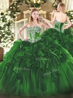 High End Organza Strapless Sleeveless Lace Up Beading and Ruffles Sweet 16 Quinceanera Dress in Dark Green