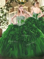 High End Organza Strapless Sleeveless Lace Up Beading and Ruffles Sweet 16 Quinceanera Dress in Dark Green(SKU SJQDDT1456002BIZ)