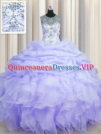 See Through Scoop Lavender Sleeveless Organza Lace Up Sweet 16 Dresses for Military Ball and Sweet 16 and Quinceanera