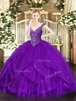 Purple Lace Up V-neck Beading and Ruffles Quinceanera Gowns Tulle Sleeveless