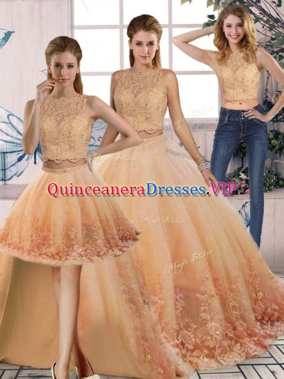 Peach Sweet 16 Dress Tulle Sweep Train Sleeveless Lace - Click Image to Close