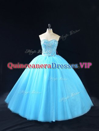 Perfect Baby Blue Ball Gowns Beading Quinceanera Gowns Lace Up Tulle Sleeveless Floor Length