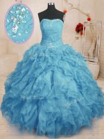 Baby Blue Sleeveless Floor Length Beading and Ruffles and Ruching Lace Up Quinceanera Dress