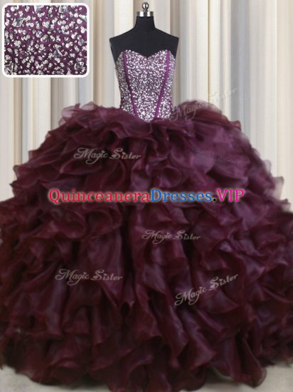 Beauteous Visible Boning Sleeveless With Train Beading and Ruffles Lace Up Ball Gown Prom Dress with Burgundy Brush Train - Click Image to Close