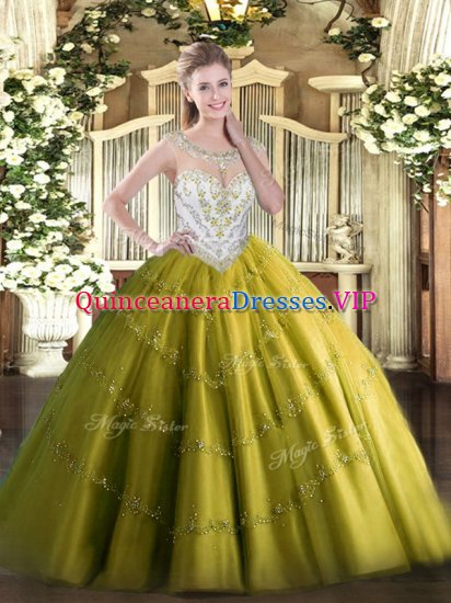 Scoop Sleeveless Vestidos de Quinceanera Floor Length Beading and Appliques Olive Green Tulle - Click Image to Close